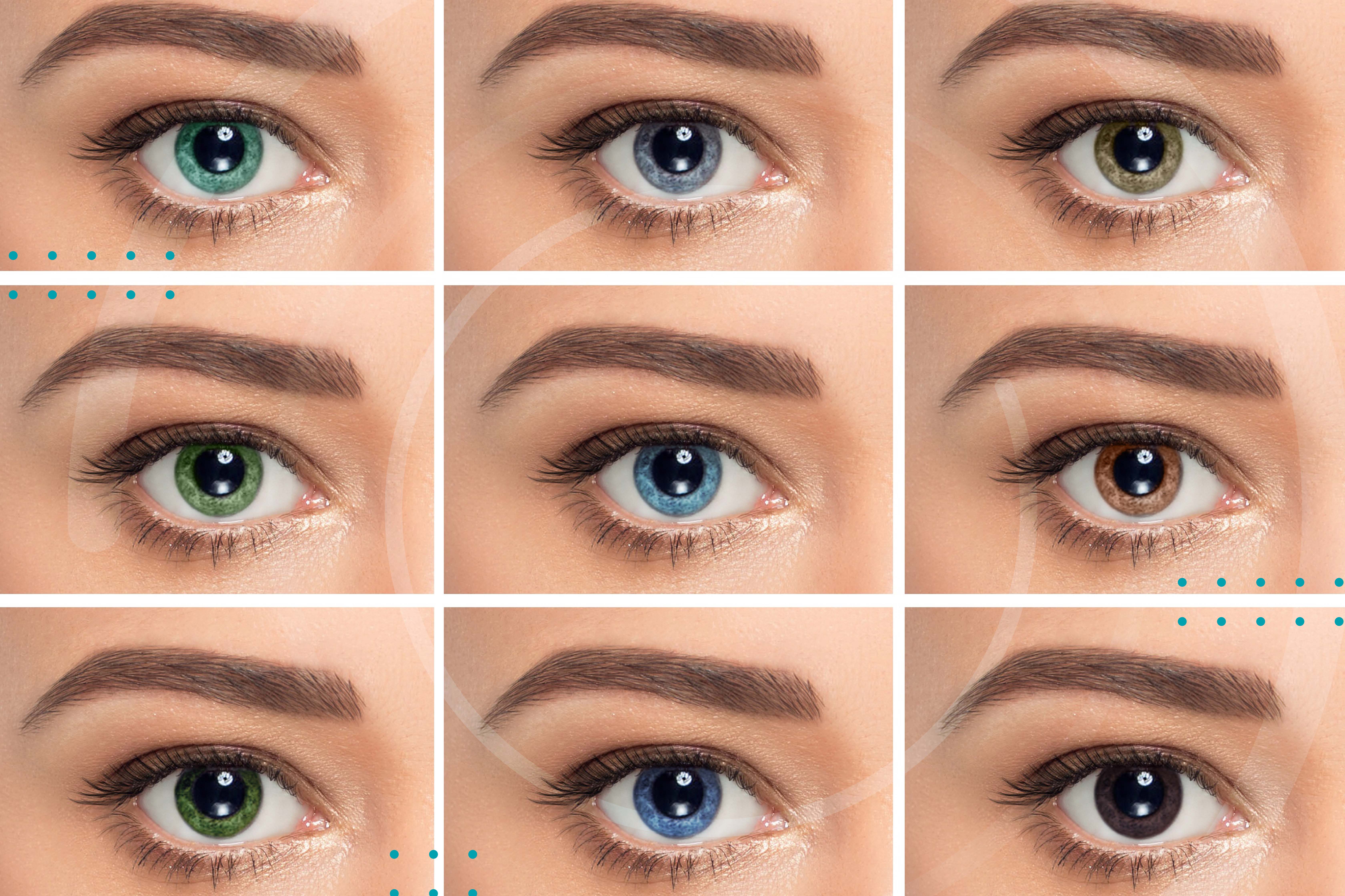 Nueve ojos de mujer con distintos colores de pupilentes
